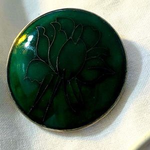 Vintage Silver Stamped Green Etched Flower Brooch Pin Jewelry